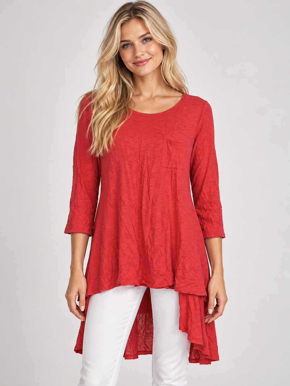 2/$30 Chico's Red Cotton Modal High Low Pocket Tunic M #A4924